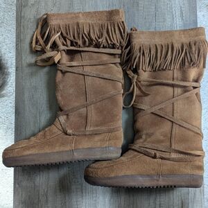 Fringe Leather Lace-Up Boots - Brown